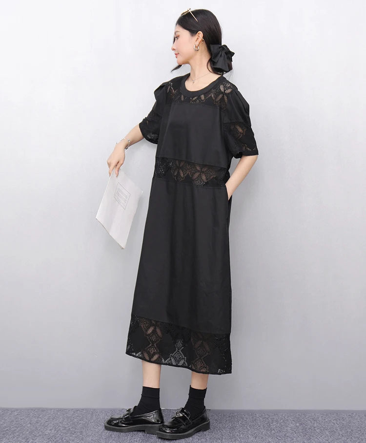 Lace Joined Loose Fit Korean Style Woman 2025 Summer Round Neck Short-Sleeve Black Pullover Dress Gorgeous Big Size Robe JKXD008