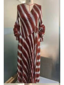 Miyake Pleated New Wholesale V-neck Long-sleeved Hand-cranked Flower Bronzing Waist African Women's Dress Miyak
