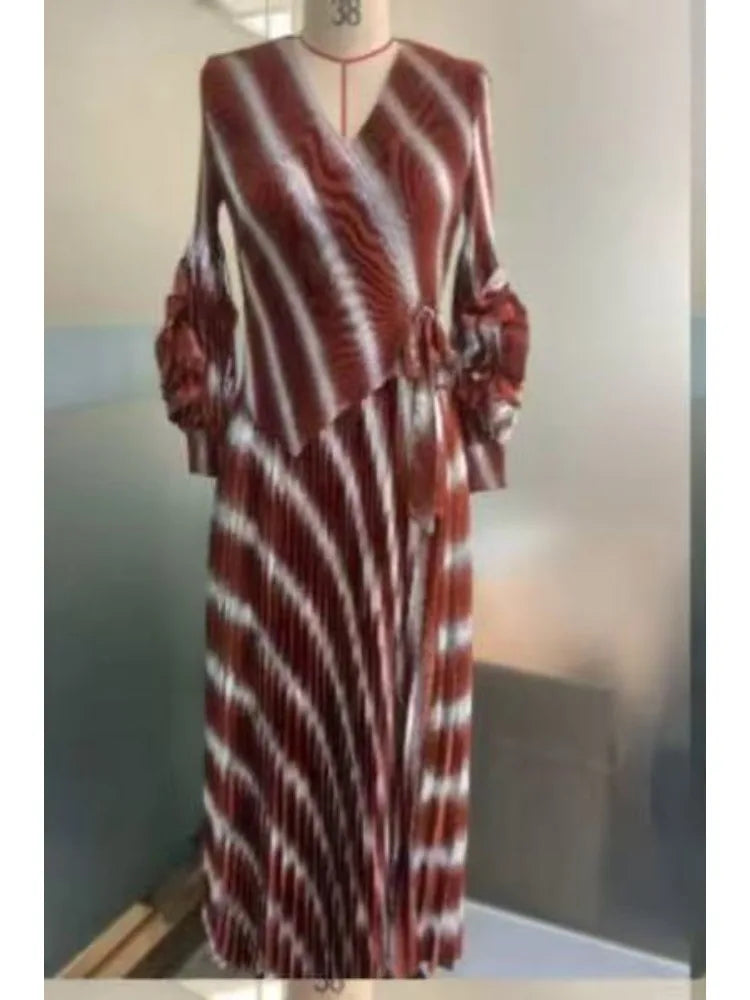 Miyake Pleated New Wholesale V-neck Long-sleeved Hand-cranked Flower Bronzing Waist African Women's Dress Miyak