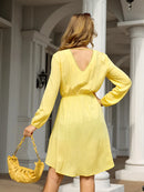 Women's V-Neck Long Sleeve Dress Casual High Waist Cute Loose A-Line Mini Swing Dress Flowy Comfortable Fit