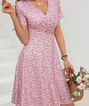 Floral Print Mini Dress Short Sleeve Midi Skirt Women's Fashion Spring Summer V Neck Polyester Fiber Regular Waistline Dress