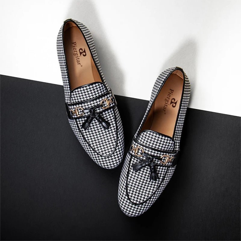 Piergitar 2023 Black And White Wool Houndstooth Slippers With Metal Horsebits Leather Tassels Men's Loafers Handmade Moccasins