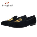Piergitar New Arrival Black Velvet Men's Loafers Handmade African Tribal Embroidery Man Smoking Slippers For Pary And Wedding