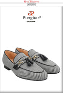 Piergitar 2023 Black And White Wool Houndstooth Slippers With Metal Horsebits Leather Tassels Men's Loafers Handmade Moccasins