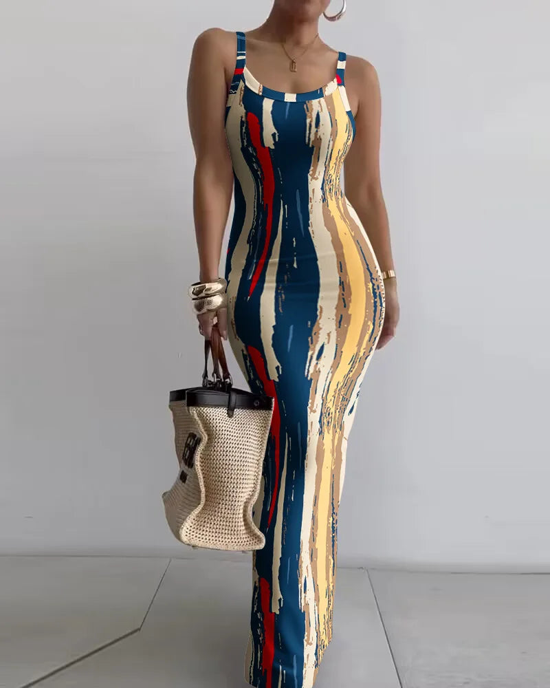 Gradient Printed Long Dress Summer New Women's Fashionable Printed Sexy Sleeveless Suspender Slim Fit Hip Hugging Long Dress