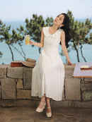 White Bow Jacquard Sundress Women Sweet Summer A-Line Dress with Tie Straps Petite Fit Flowy Midi Dress Cute Vacation Daily Wear