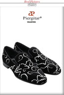 Piergitar Black Velvet And Octodandelion Strass Loafers Luxury Brand Same Design Red Bottom Handmade Crystals Men's Moccasins