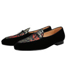 New Black Velvet Thread Dragon Print Satin Belgian Loafers for Men with Leather Tie Handcrafted Moccasin