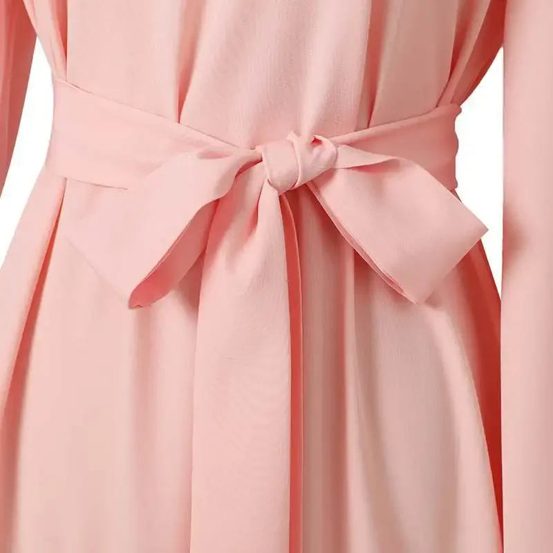 Long-sleeved Muslims Dubai Abayas Fashion O-neck Dress for Women Spring Solid Color Casual Robe Female Islam Clothes with Belt