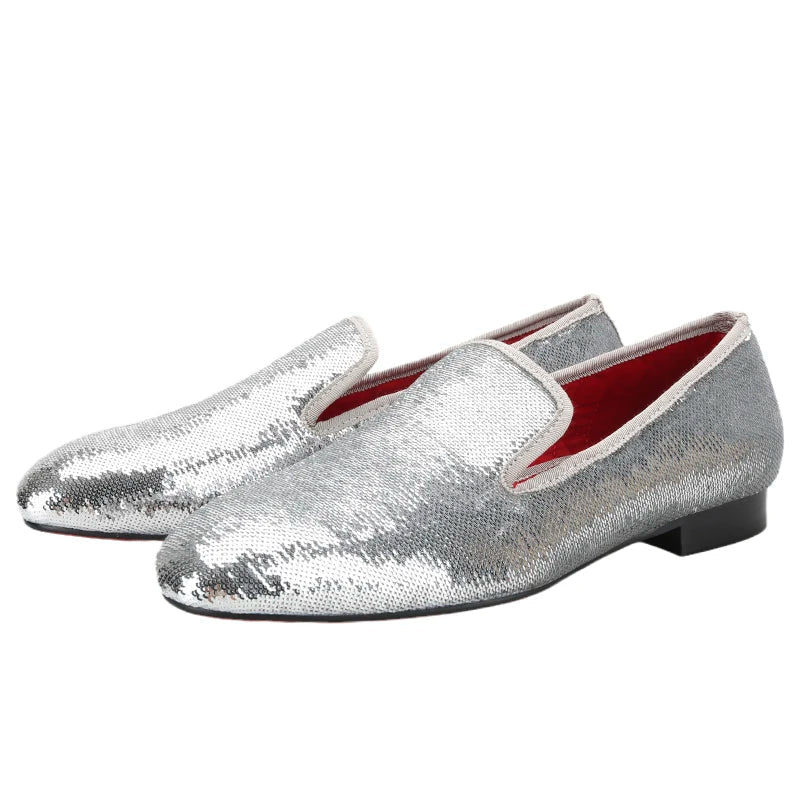 Men's Smoking Slippers With Red Outsole And Sequins for Weddings and Proms