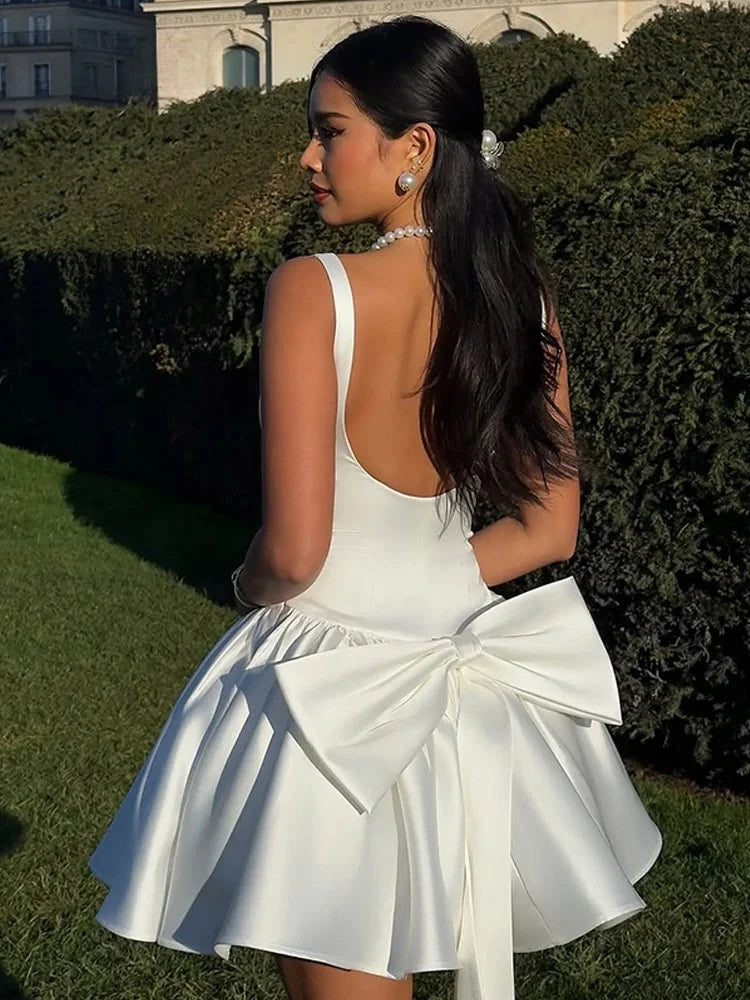 Elegant 3d Bow Backless White Mini Dress Women Fashion Sling A-line Pleated Vestidos  Spring Summer Lady Party Evening Gown