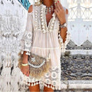 New Spring Embroidery Crochet Lace Boho Dress Women Elegant Off Shoulder Tassel Ruffle Mini Dress Summer V Neck Lady Beach Dress