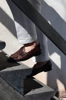 Piergitar 2023 Dark Brown Nappa Calfskin Double-Monk Belgian Loafers With Fringes And Metal Buckles Slip-On Men Smoking Slippers