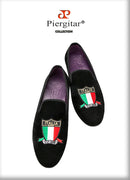 Piergitar Handmade Embroidery Of Four Powerful Football Countries Black Velvet Men Loafers Genuine Leather InSoles And Outsoles