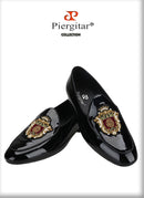 Piergitar Black Patent Leather Men's Loafers With Manual Embroidery Patches Imported From India Slip-On Moccasins Red Outsoles