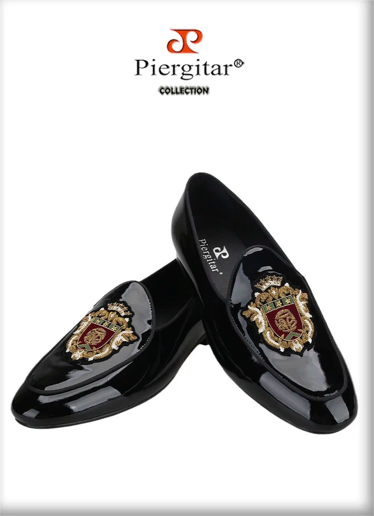 Piergitar Black Patent Leather Men's Loafers With Manual Embroidery Patches Imported From India Slip-On Moccasins Red Outsoles