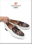 Piergitar Brand 2023 White Cotton Canvas Of Paisley Pattern Men's Loafers Fashion Party Handmade Leahter Tassel Shoes Plus Size