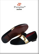Piergitar New Style Handmade Men Velvet Loafers With Gold Patent Leather Crossbands Fashion Party And Wedding Male Dress Shoes