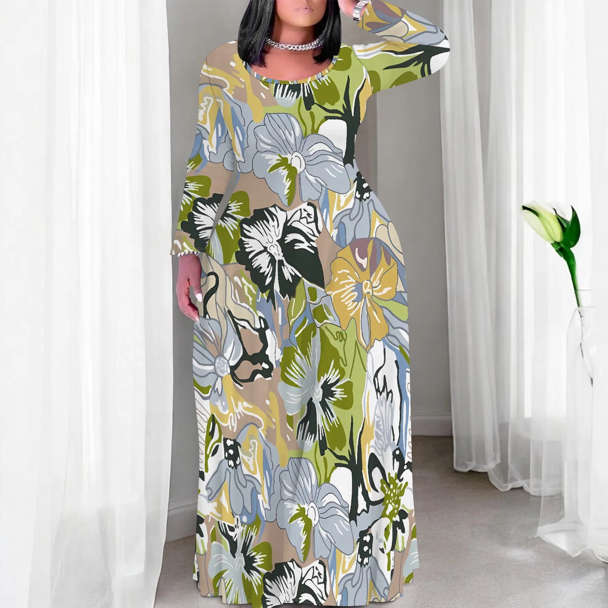 Plus Size Green Floral Print Maxi Dress Long Sleeve Comfortable Everyday Look