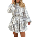 Elegant Fashion Long Sleeve Printed Dress Independent Station New Women's Clothing Line Tie Waist Chinese Style Print Dress