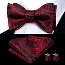 Hi-Tie Red Black Purple Paisley Mens Bow Tie Hanky Cufflinks Set Self-tied Butterfly Knot Bowtie for Male Wedding Business