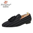 Piergitar 2022 New Striped Design Oxford Fabric Men Slip-On Shoes Handmade Tassel Men's Loafers Classic Male Smoking Slippers