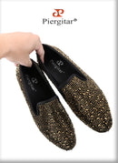 Piergitar 2024 Gold Crystals On Black Suede Slip-on Smoking Slippers Handmade Men's Loafers For Luxury Evening Party And Prom