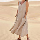 Women Linen Sundress Summer Female Sleeveless Double Big Pocket Loose Sand Beachwear Long Dress Oversized