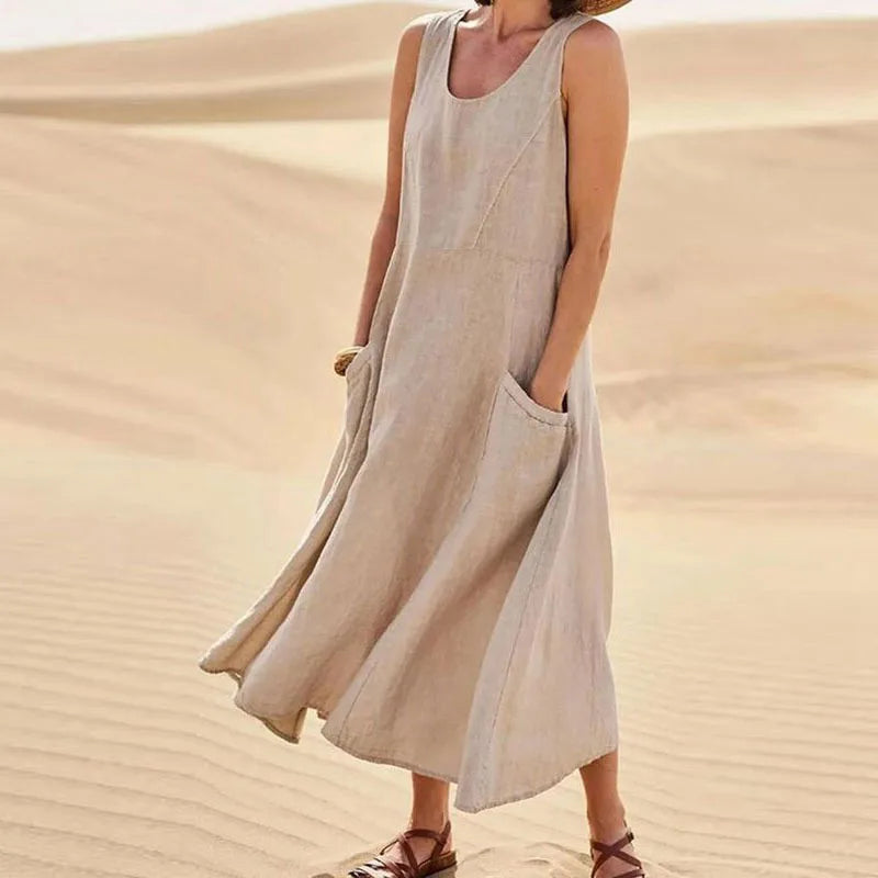 Women Linen Sundress Summer Female Sleeveless Double Big Pocket Loose Sand Beachwear Long Dress Oversized