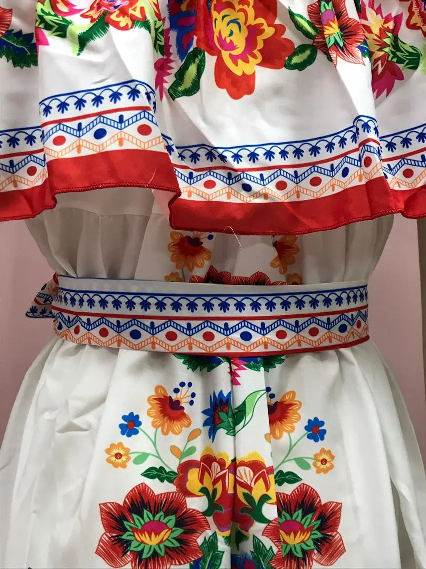 2024 Spring/Summer New Women Retro Fashion One Shoulder Red Flower Printed Waist Collection Long Style Large Swing Casual Dress