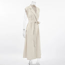 2025 Autumn New Style Commuter Long Skirt For Women Elegant Fashionable Solid Color Lapel Sleeveless High Waist Lace-up Dress