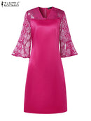 Women Summer Lace Patchwork Dresses ZANZEA Elegant Party Work Dress Fashion 3/4 Flared Sleeve V-Neck Satin Vestidos Robe Femme