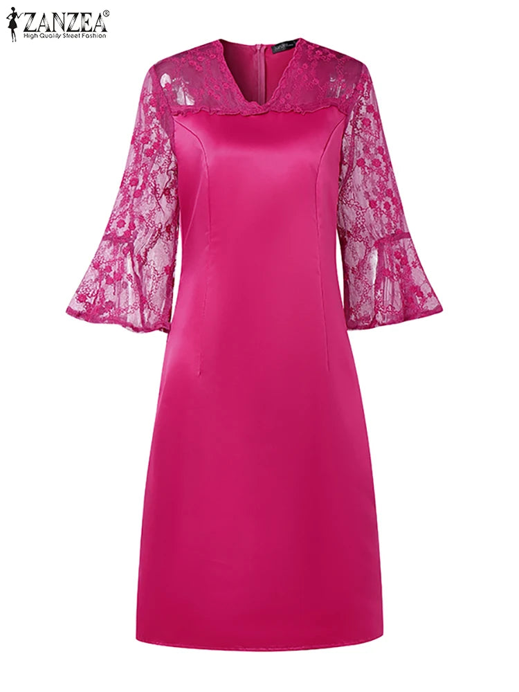 Women Summer Lace Patchwork Dresses ZANZEA Elegant Party Work Dress Fashion 3/4 Flared Sleeve V-Neck Satin Vestidos Robe Femme