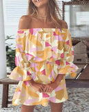 Sexy Slash Neck Long Flare Sleeve Floral Print Mini Dress Summer Women Boho Party Vestidos NMD-6650