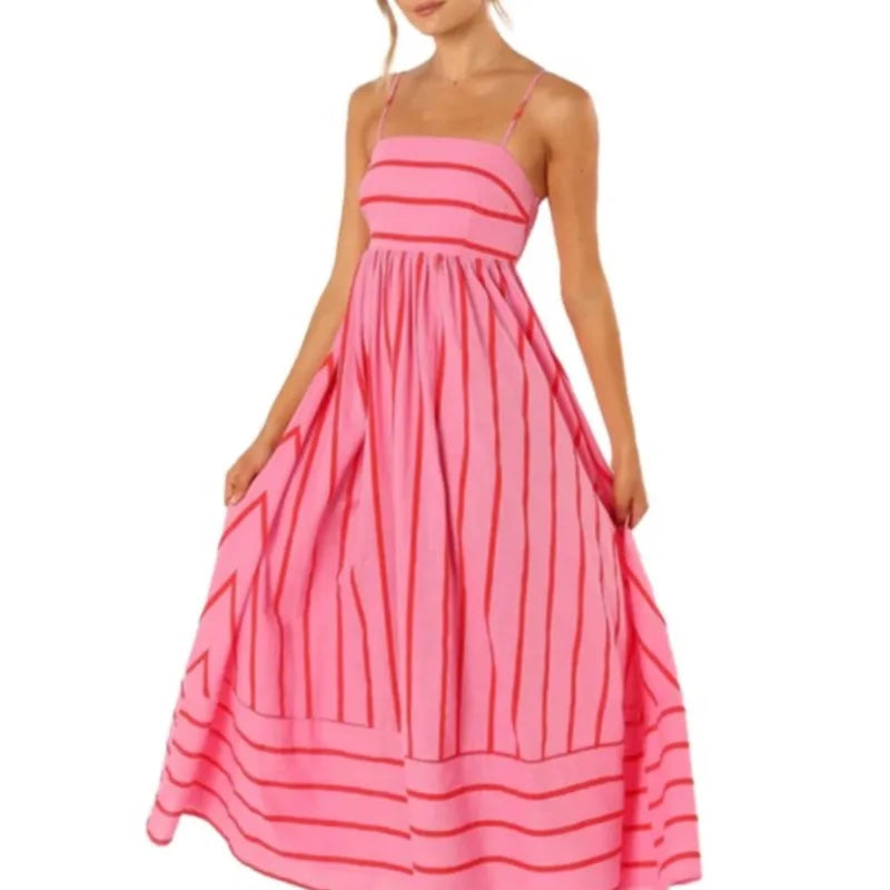 Spring And Summer Striped Vest Backless Large Swing New Dress For Women, Collarless And Sleeveless Oversized Swing Dress