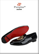 Piergitar Black Patent Leather Men's Loafers With Manual Embroidery Patches Imported From India Slip-On Moccasins Red Outsoles