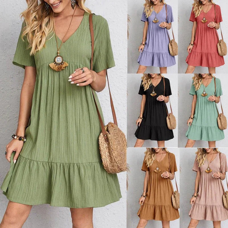 Women's Beach Dresses with A-line Pleated Dresses in Solid Colors