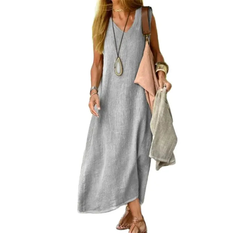 Women's Sleeveless V-neck Pullover Cotton Linen Dress