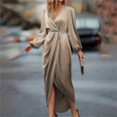 Women's 2025 new long dress; elegant round-neck silk satin long sleeves; midi dress for ladies; sexy dress; street fashionbe.