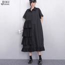 Ruffle Decoration New 2025 Summer Korean Style Woman Black Shirt Dress Loose Fit Chic Big Size Casual Holiday Dress Robe JKXD002