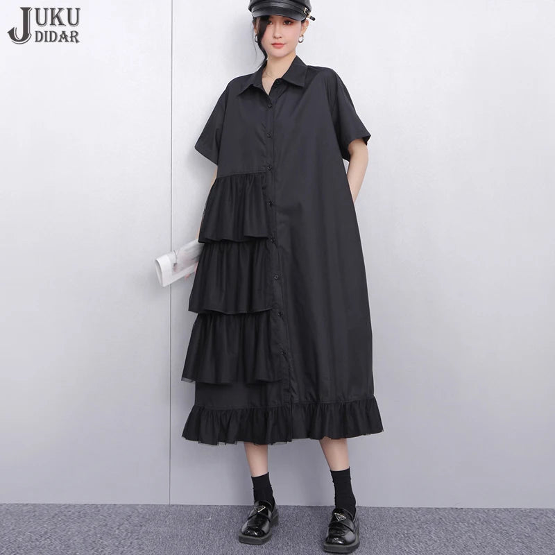 Ruffle Decoration New 2025 Summer Korean Style Woman Black Shirt Dress Loose Fit Chic Big Size Casual Holiday Dress Robe JKXD002