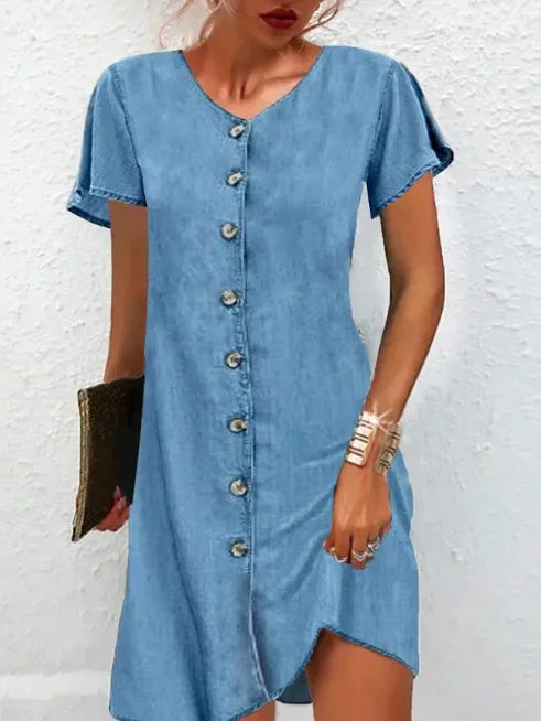 New women's casual fashion cover simple fresh square collar button short sleeve high waist denim dress