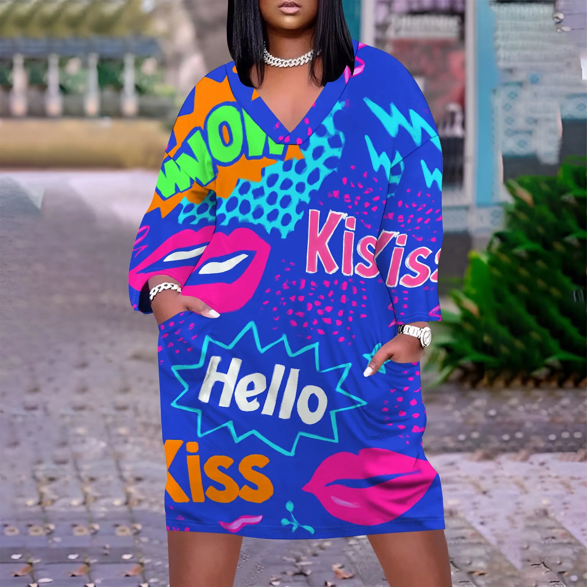 Pop Art Loose Fit Midi Dress XL-6XL – Colorful Comic Print V-Neck Casual Dress for Women Valentine's Day or Streetwear Look