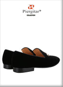 Piergitar Black Velvet Classic Men's Loafers For Fashion Party And Wedding Circle Metal Buckles Slip-On Flats Red Color Outsoles
