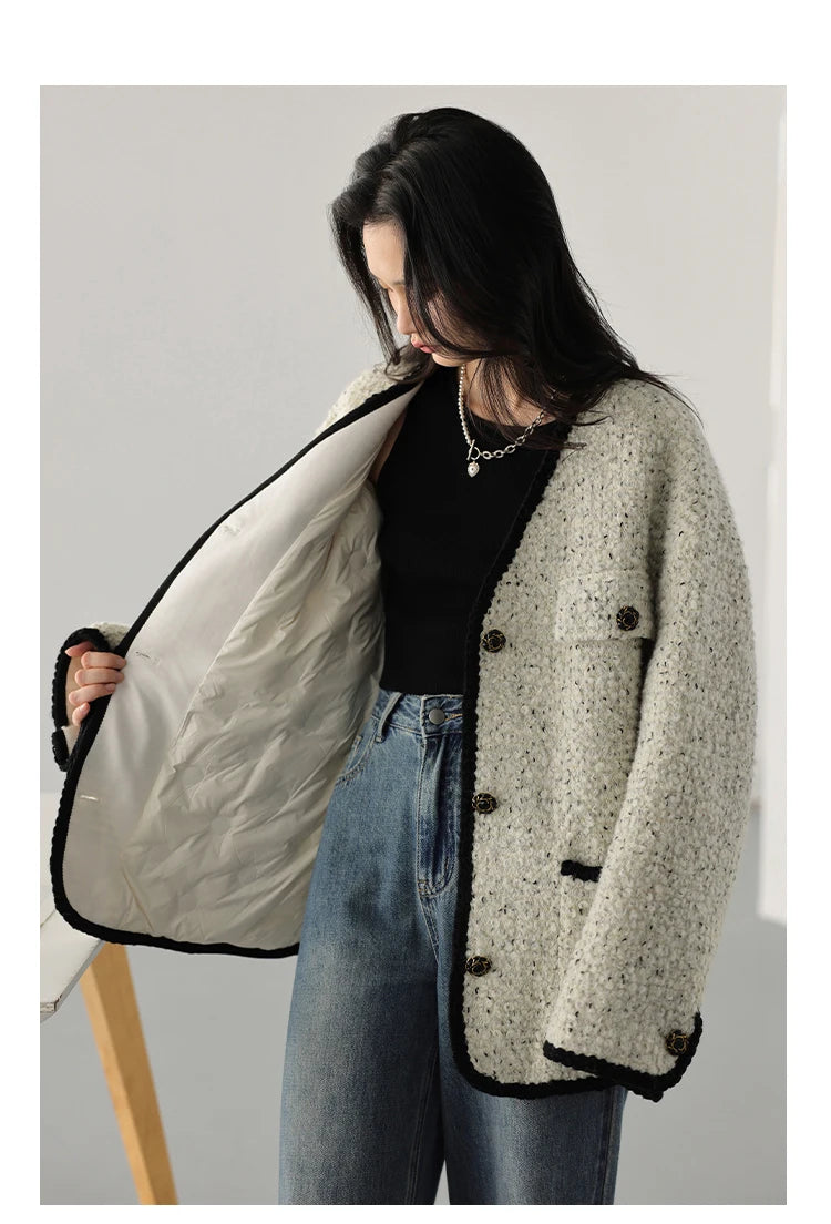 CHIC VEN Women's Woolen Coat Heavy Industry Down Jacket Vintage V-Neck Woman Down Coat Female Tops Autumn Winter 2024