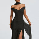 V-Neck Off Shoulder High Side Split Dress