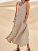 Women Linen Sundress Summer Female Sleeveless Double Big Pocket Loose Sand Beachwear Long Dress Oversized