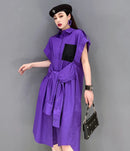 Extra Sleeves Decorated New 2025 Summer Korean Style Woman Purple Shirt Dress Loose Fit Chic Unique Big Size Casual Robe JKXD005