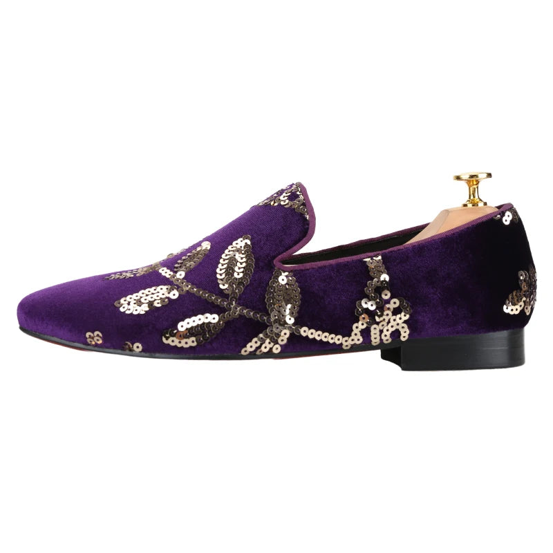 Piergitar Black And Dark Purple Velvet With Handmade Floral Sequin Men's Loafers CL Same Classic Red Outsole Slip-On Moccasins