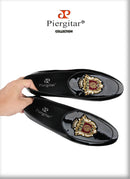 Piergitar Black Patent Leather Men's Loafers With Manual Embroidery Patches Imported From India Slip-On Moccasins Red Outsoles
